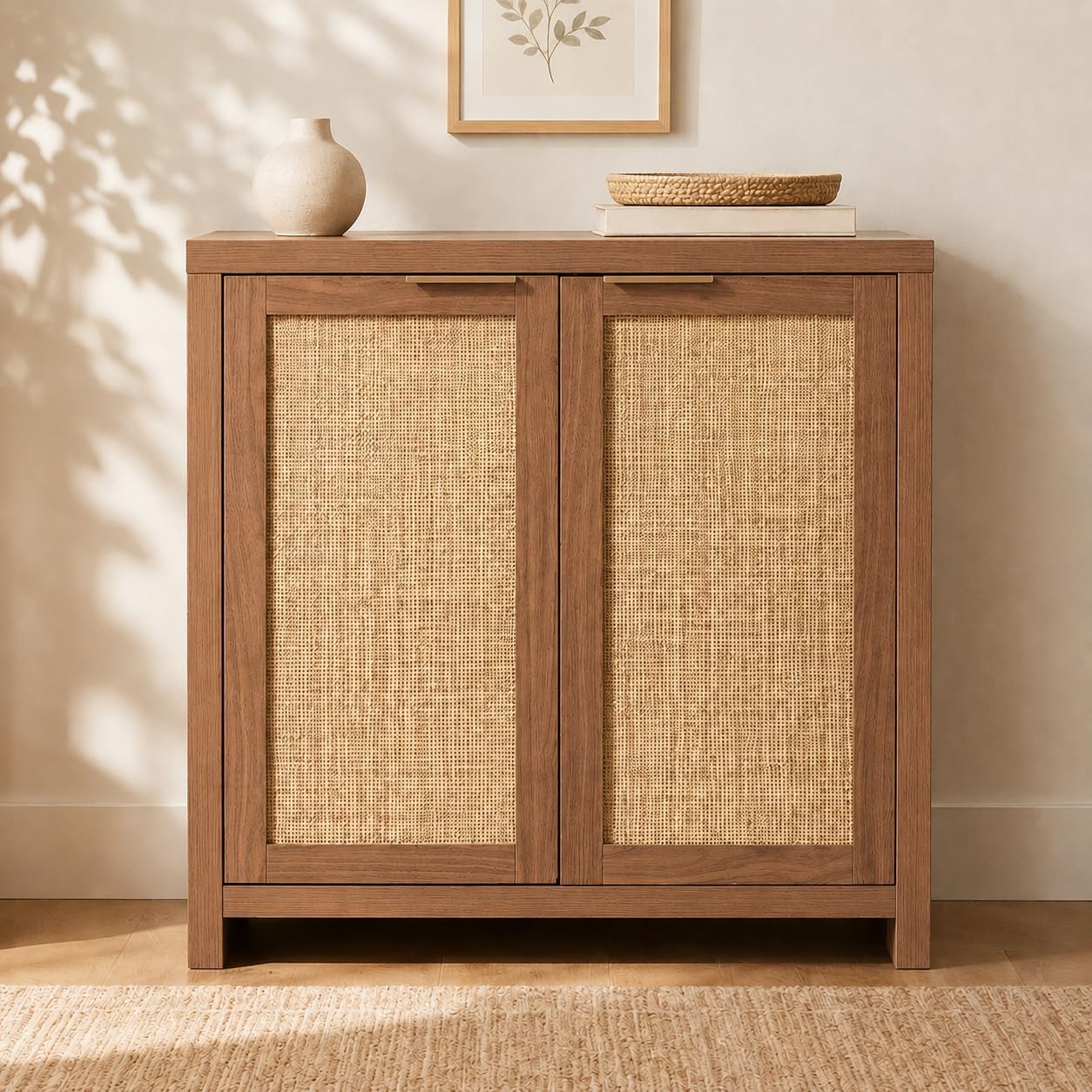 OAKHAM HOME Rattan Sideboard Cabinet with Storage, Buffet Cabinet with 2 Soft-Close Doors, Adjustable Shelves and 110 lbs Top, Storage Cabinet for Living Room, Kitchen, Entryway, Brown