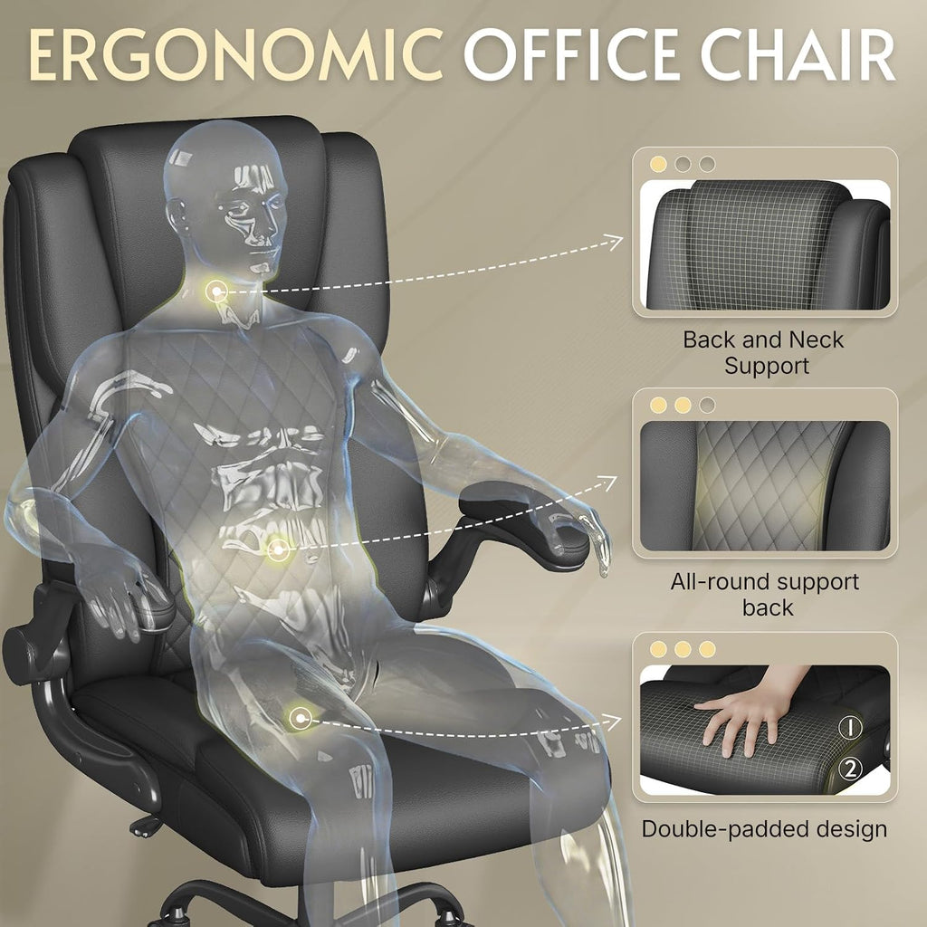 Office Chair,Big and Tall Office Chair,Home Desk Computer Chair, Executive Leather Computer Chair with Lumbar Support& Flip-Up Arms, Rocking Function Swivel Chair for Home Office,Black