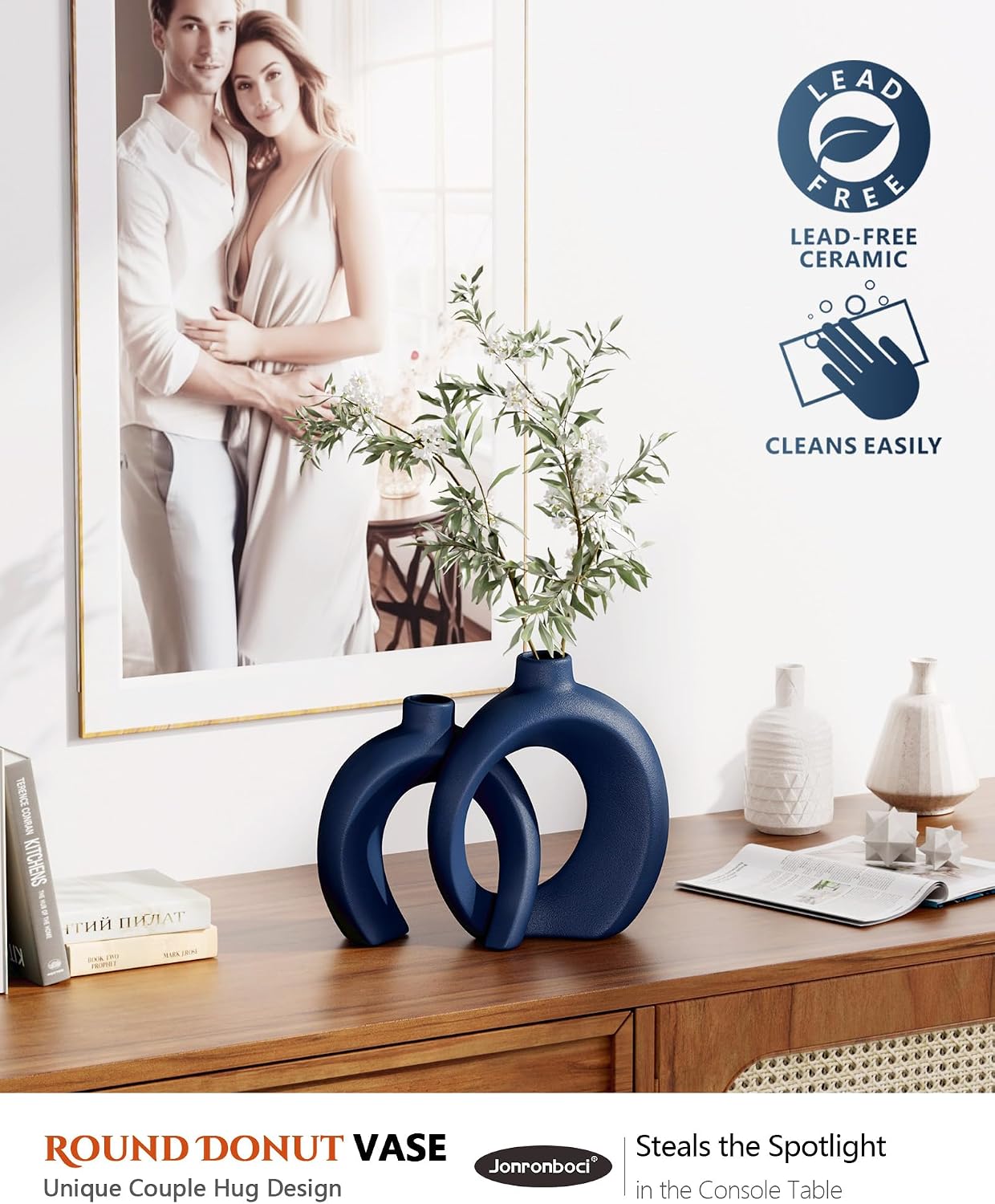 Blue Vase Set of 2 - Donut Navy Vases Home Decor, Modern Coastal Decor - Decorative Vase, Ceramic Decorations for Living Room Coffee Table Bookshelf Shelf Console Mantle (Matte Navy Blue)