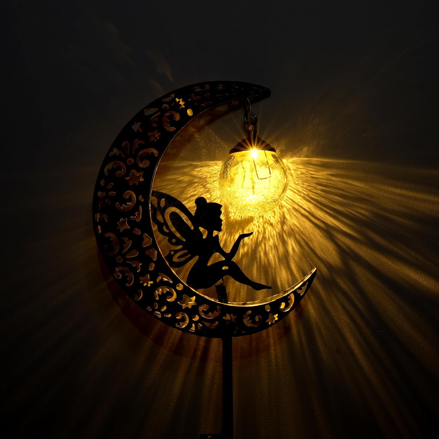 Solar Garden Lights Outdoor Decor,Moon Fairy Crackle Glass Lights,Waterproof Warm White LED Metal Stake Ornament,for Walkway Backyard Patio Lawn Pathway Decorations-Unique Gift Ideas for Gardening