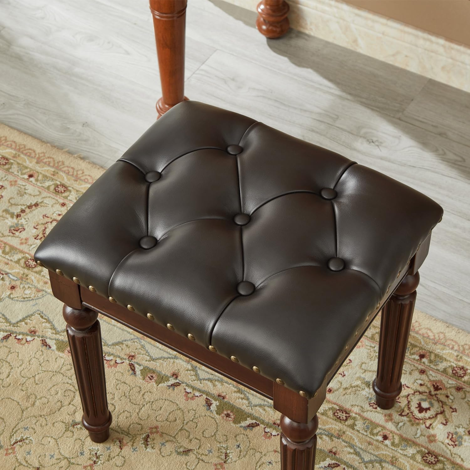 Vanity Bench Stool with Button Tufted, Solid Wood Vanity Bench Seat with Microfiber Leather Cushion for Bedroom, Dinning Roon, Entryway, Cloakroom, Study (Dark Brown)