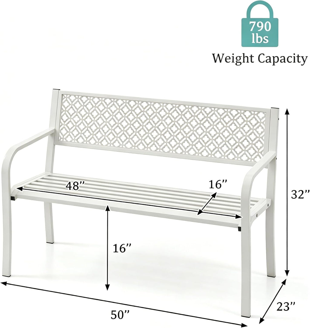 Heavy Duty White Metal Patio Garden Bench for 2 – 50" Wide, 790 lbs Capacity – Weather Resistant – Geometric Backrest & Slatted Seat – Porch, Deck, Entryway, Backyard Seating – White