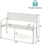 Heavy Duty White Metal Patio Garden Bench for 2 – 50" Wide, 790 lbs Capacity – Weather Resistant – Geometric Backrest & Slatted Seat – Porch, Deck, Entryway, Backyard Seating – White