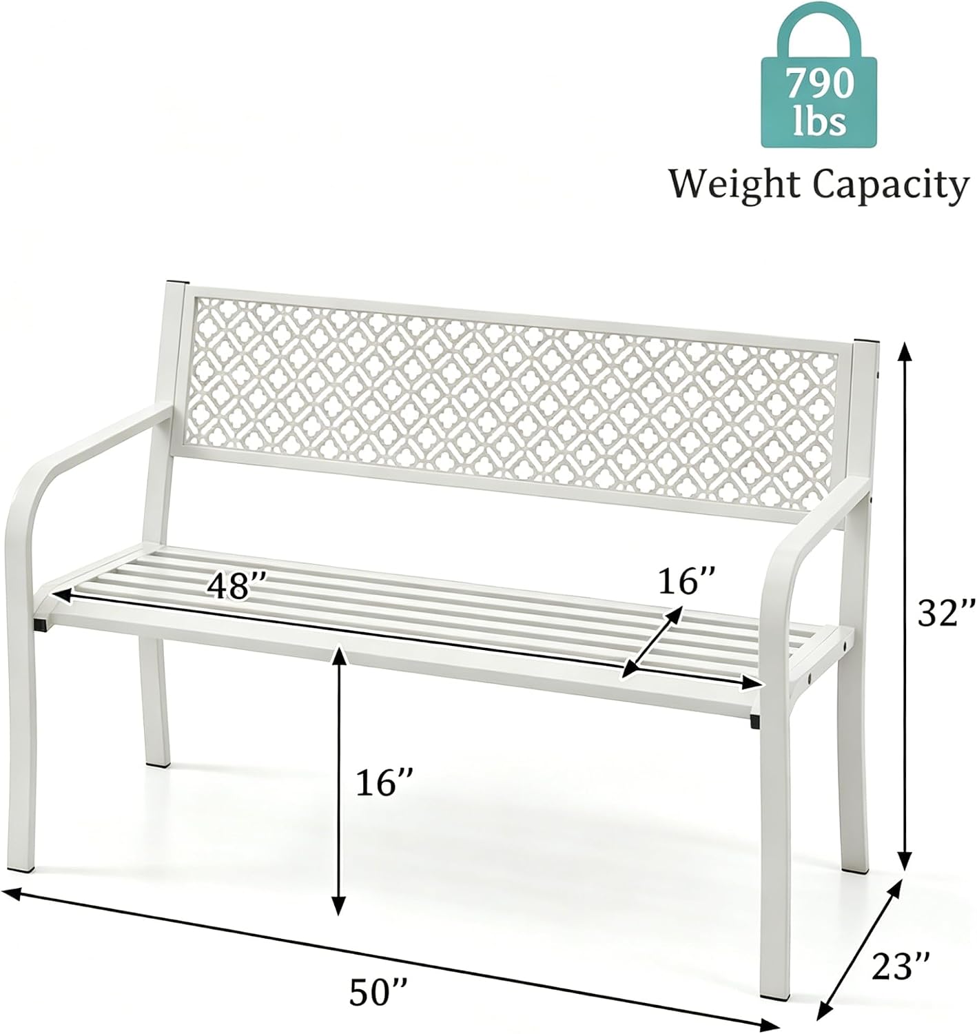 Heavy Duty White Metal Patio Garden Bench for 2 – 50" Wide, 790 lbs Capacity – Weather Resistant – Geometric Backrest & Slatted Seat – Porch, Deck, Entryway, Backyard Seating – White