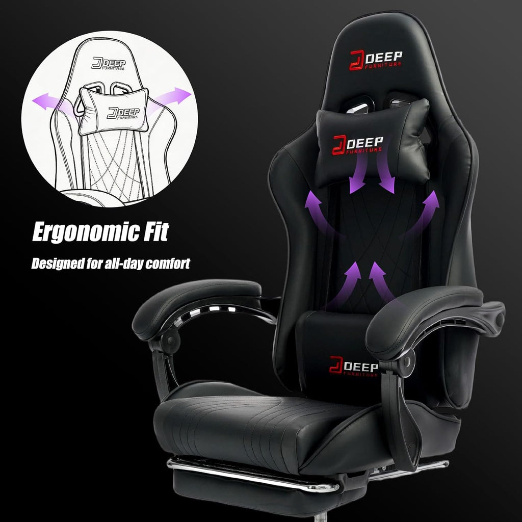 Gaming Chair with Footrest, Ergonomic Game Chair with Lumbar Support and Linkage Armrest, Reclining Computer Chair Height Adjustable for Home Office Father's Day(1001-Black)