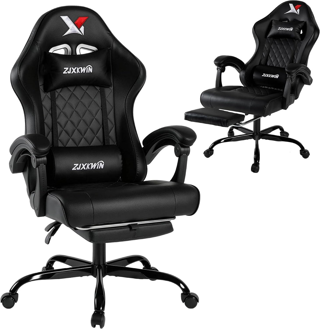 Gaming Chair with Pocket Spring Cushion, Ergonomic High Back Computer Chair with Footrest and Lumbar Support, Adjustable Height 360° Swivel Recliner, Black