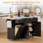 ONBRILL 60" Kitchen Island with Power Outlet & Drop Leaf, Rolling Island with Spice Rack & Towel Rack, Kitchen Island Cart with Trash Storage Cabinet, Island Table for Kitchen, Black+Imitation Marble