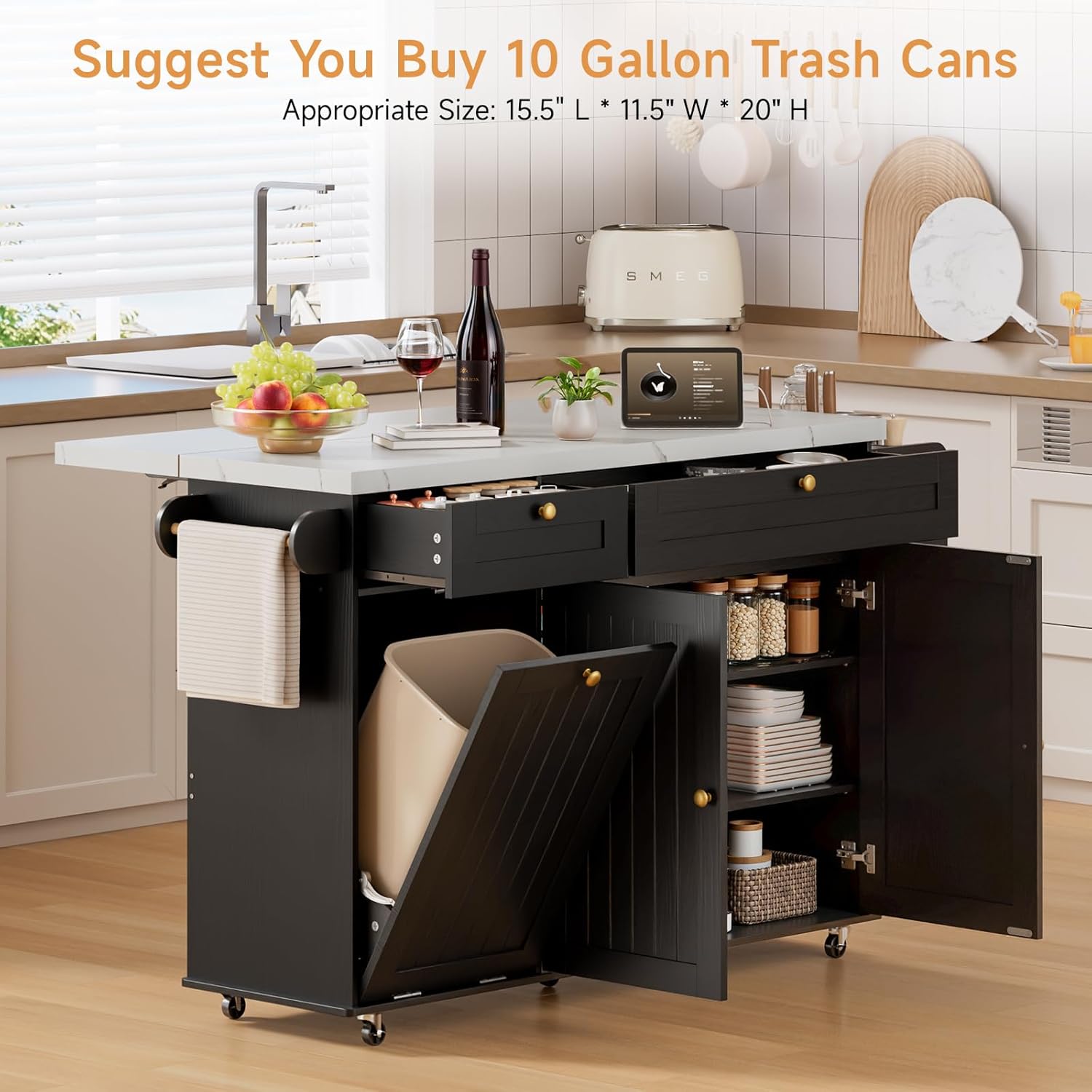 ONBRILL 60" Kitchen Island with Power Outlet & Drop Leaf, Rolling Island with Spice Rack & Towel Rack, Kitchen Island Cart with Trash Storage Cabinet, Island Table for Kitchen, Black+Imitation Marble