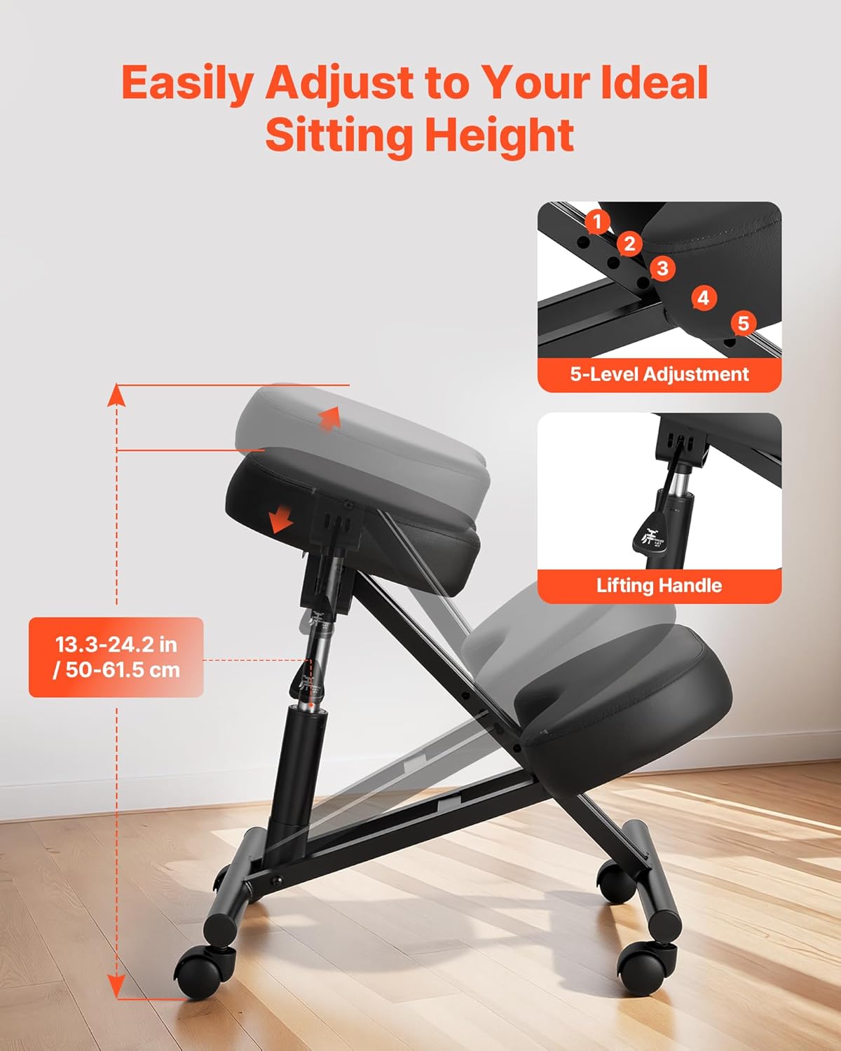 VEVOR Ergonomic Kneeling Chair with Wheels, Mobile X-Shaped Posture Knee Chair with Adjustable Height & Thick Foam Cushions, Natural Relief for Neck or Back Pain for Home, Office or Meditation, Black