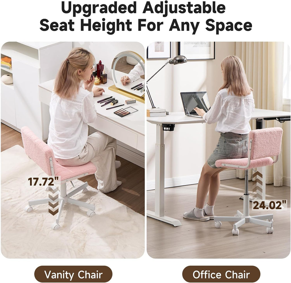 Office Chair Vanity Chair with Wheels, Comfy Small Desk Chair Vanity Chair with Back, Cute Teddy Armless Adjustable Swivel Chair for Bedroom Home Computer Task, Pink