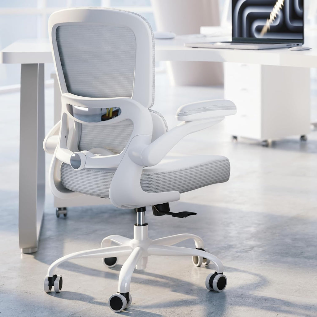 TRALT Ergonomic Office Chair - Desk Chair with Adjustable Lumbar Support Computer Chair - Mesh Comfy Chair with Flip-up Armrests - Gaming Chairs for Adults Home Office (Leather, White)