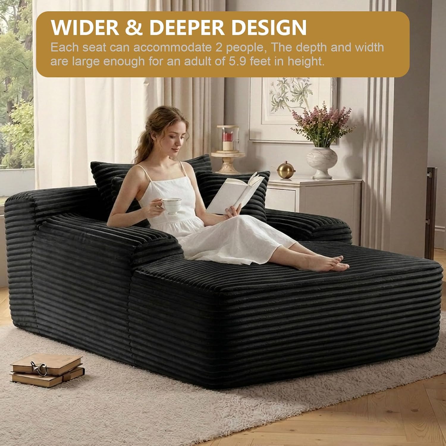 ODUWA 65" Oversized Chaise Lounge Chair Indoor, Boneless Cloud Couch Chair with Wide Armrest 3 Pillows, Comfy Cozy Sofa Bed Couches for Living Room No Assembly Require, Black