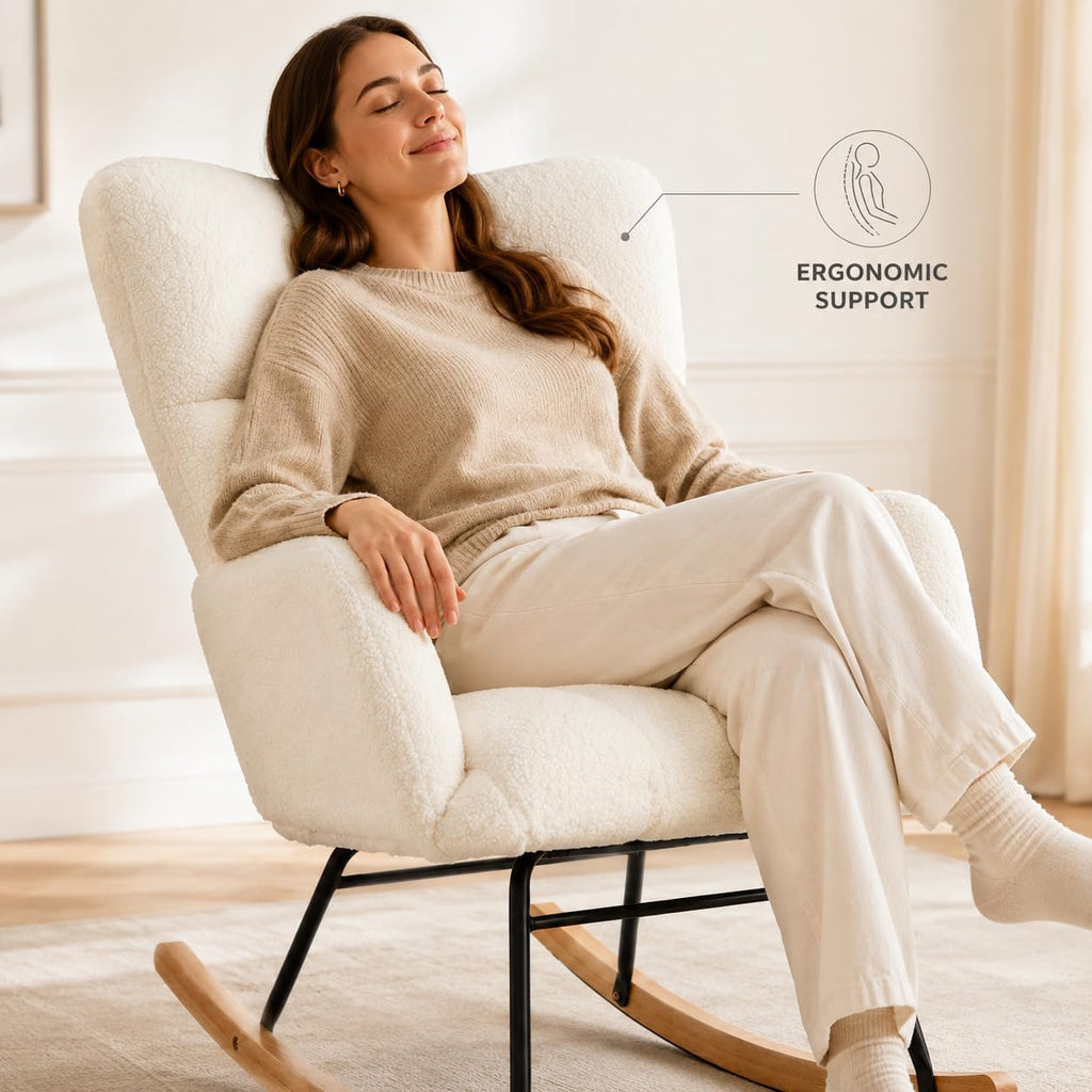 Nursery Rocking Chair, Ergonomic High Back Armrests, Metal Frame Capacity Easy Assembly, Accent Chair with High Backrest Reading Chair for Adult, Nursery, Bedroom, Living Room,Offices