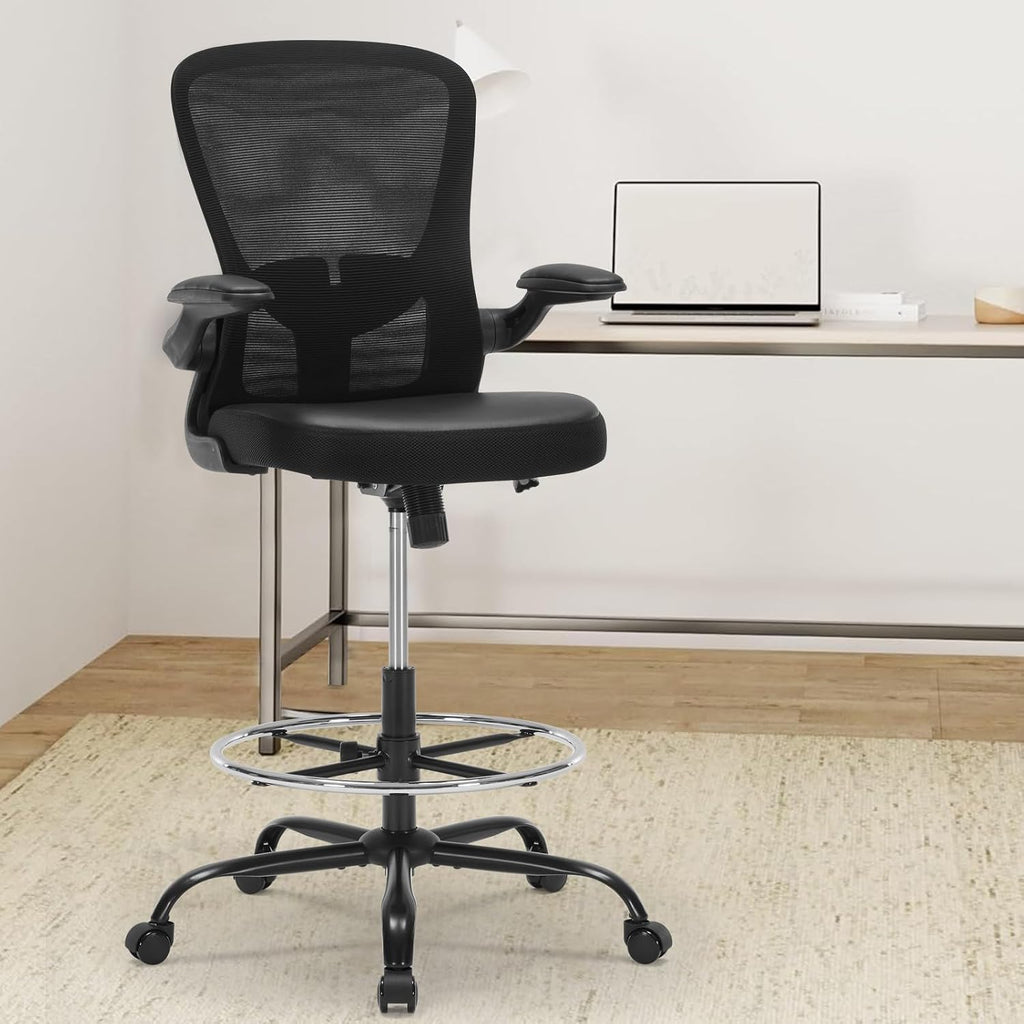 Ergonomic Drafting Chair, Standing Desk Chair with Lumbar Support Tall Office Chair with Flip-Up Arms Footrest Ring, Breathable Mesh High Desk Chair with PU Leather Seat Cushion, Black