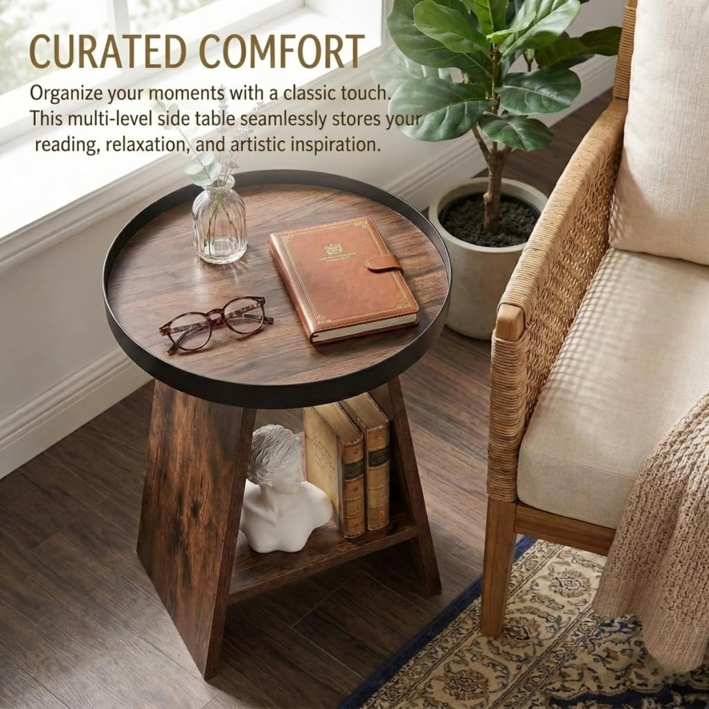 Round End Table with Tray Top, 2-Tier Rustic Side Table with Storage Shelf, Modern Farmhouse Industrial Wood Nightstand for Living Room, Bedroom, Small Spaces (Rustic Brown)