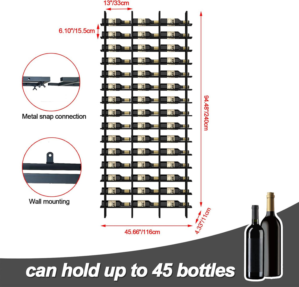 Large Wall Mount Wine Rack, 16 Tier 48 Bottle Wine Storage Organizer Display Holder, Metal Liquor Display for Wine Cellars, Home Bars, Kitchens, and Dining Rooms