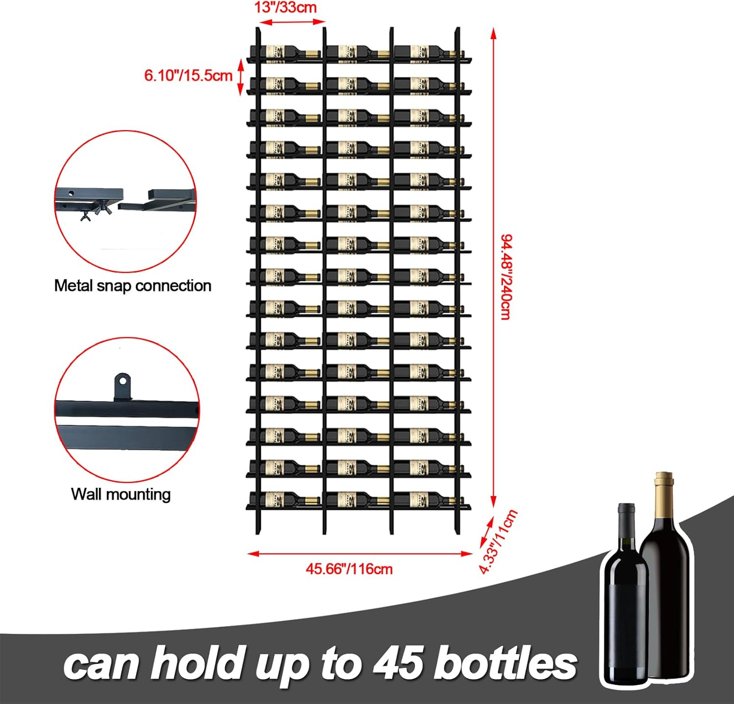 Large Wall Mount Wine Rack, 16 Tier 48 Bottle Wine Storage Organizer Display Holder, Metal Liquor Display for Wine Cellars, Home Bars, Kitchens, and Dining Rooms