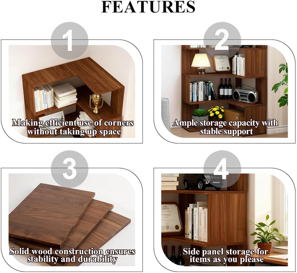 Corner Bookshelf, 6 Tier Corner Bookcase Tall, 78.7" L-Shaped Corner Book Shelf, Walnut Corner Shelves for Home Office, Living Room, Bedroom