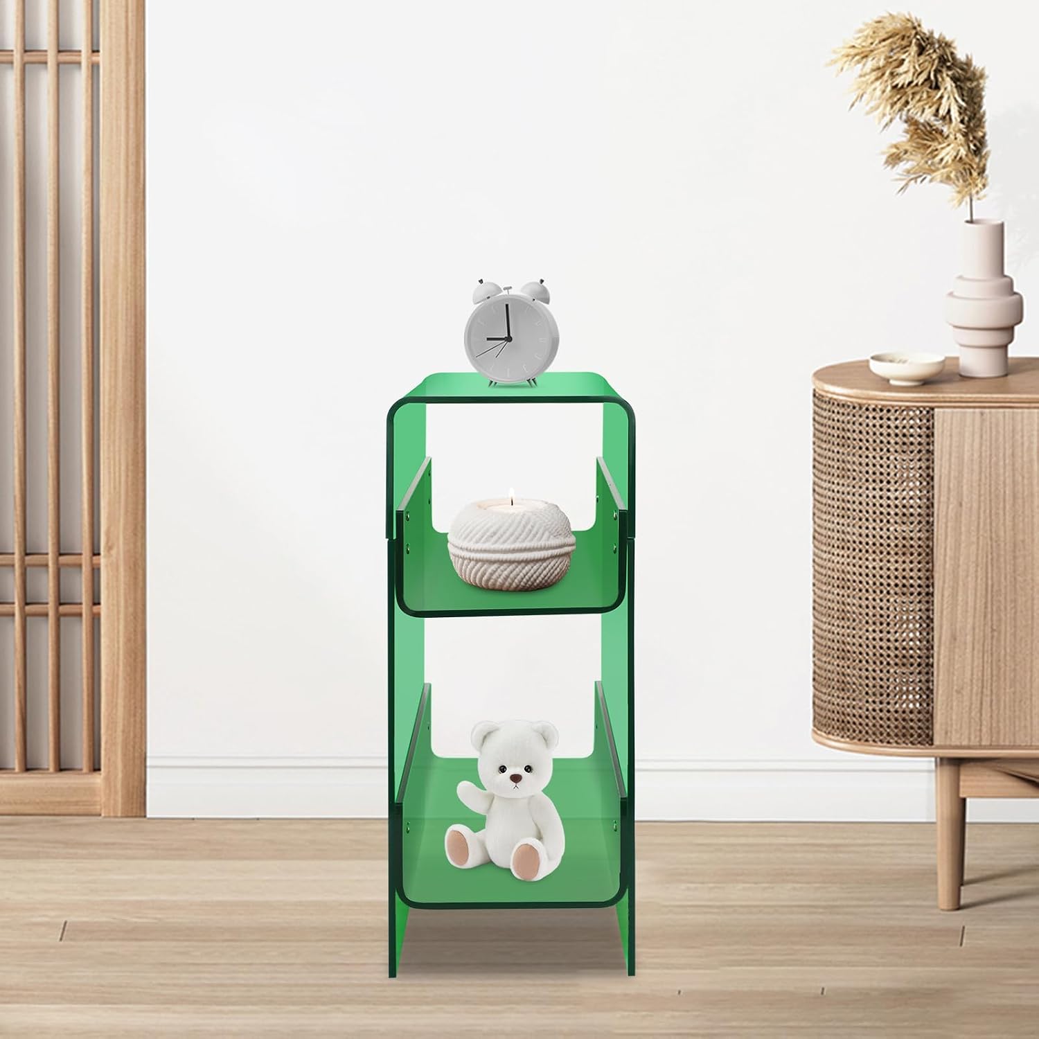 Clear Acrylic End Table, 2 Tier Narrow Acrylic Side Table Minimalist Nightstand Skinny Bedside Table for Bedroom Living Room Home Decor 8.7" W X 15.7" D X 21.6" H (Green)