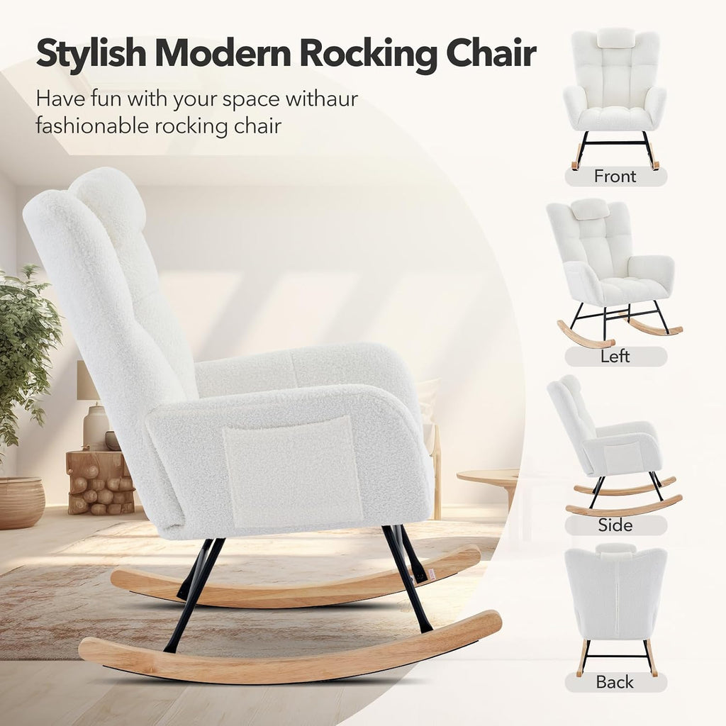 GarveeLife Nursery Rocking Chair,Teddy Upholstered Padded Seat Rocking Chair with High Backrest,Modern Accent Recliner for Living Room, Bedroom, Cozy Reading