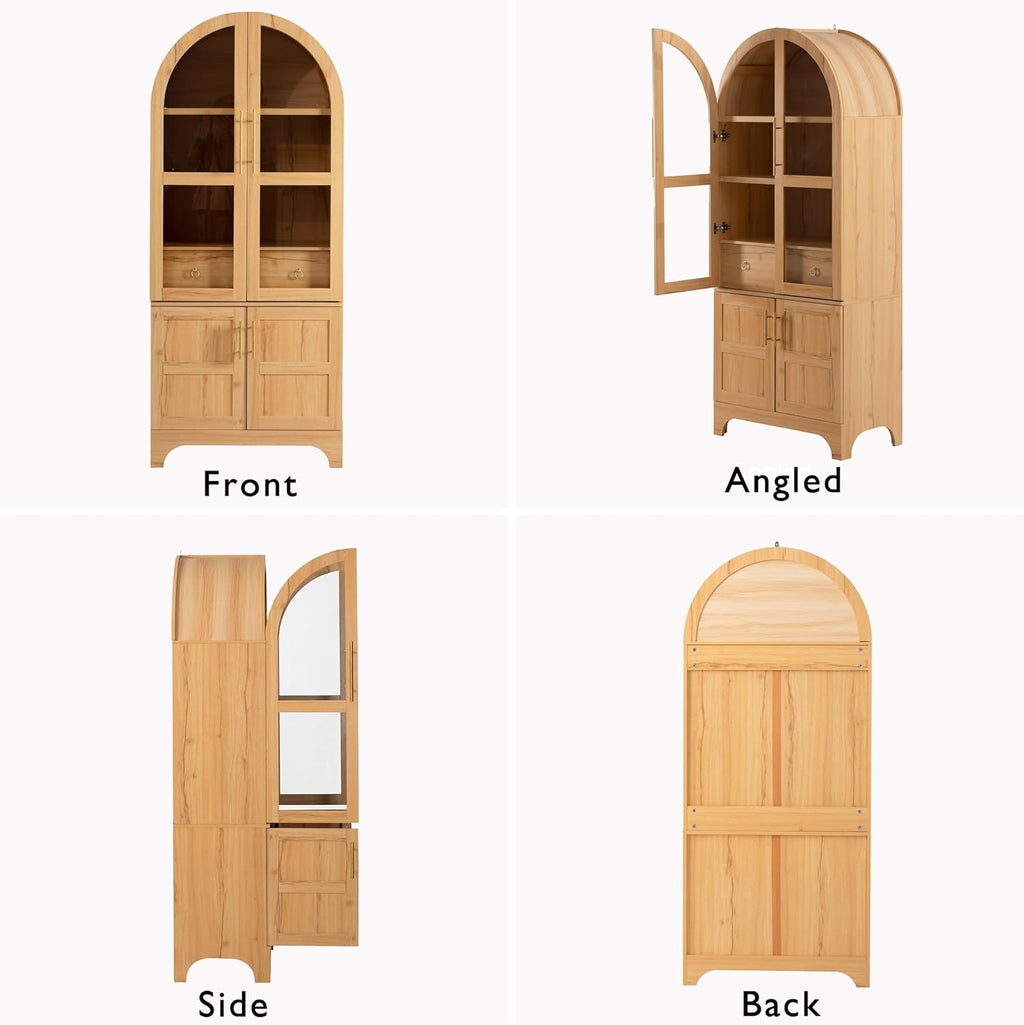 71" Tall Farmhouse Arched Pantry Cabinet with 4 Door Shelves, Adjustable Storage & Hidden Drawer - Rustic Kitchen Cupboard with Glass Door, Dining Room Organization (30"W x 15.75"D) (Natural)