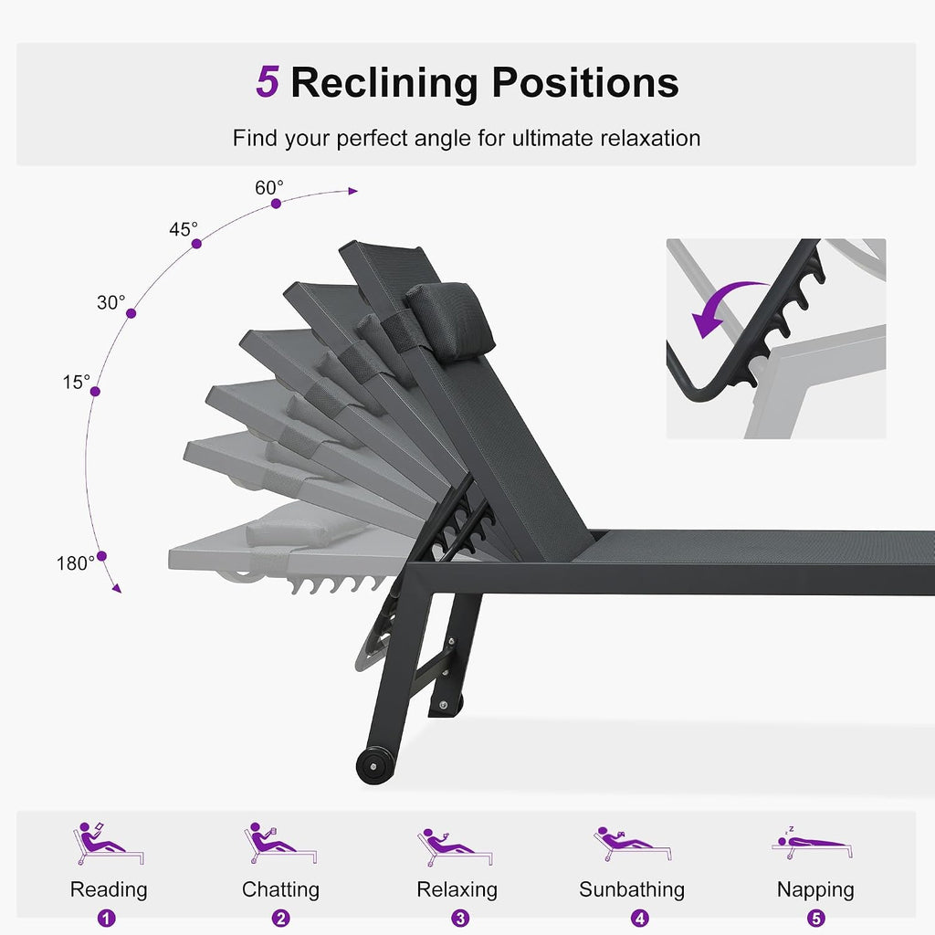 PURPLE LEAF Outdoor Oversized Lounge Chair Set of 3 Pool Lounger Patio Chaise Aluminum Frame with Side Table and Wheels for Outside Sunbathing Tanning Recliner Including Pillows Gray