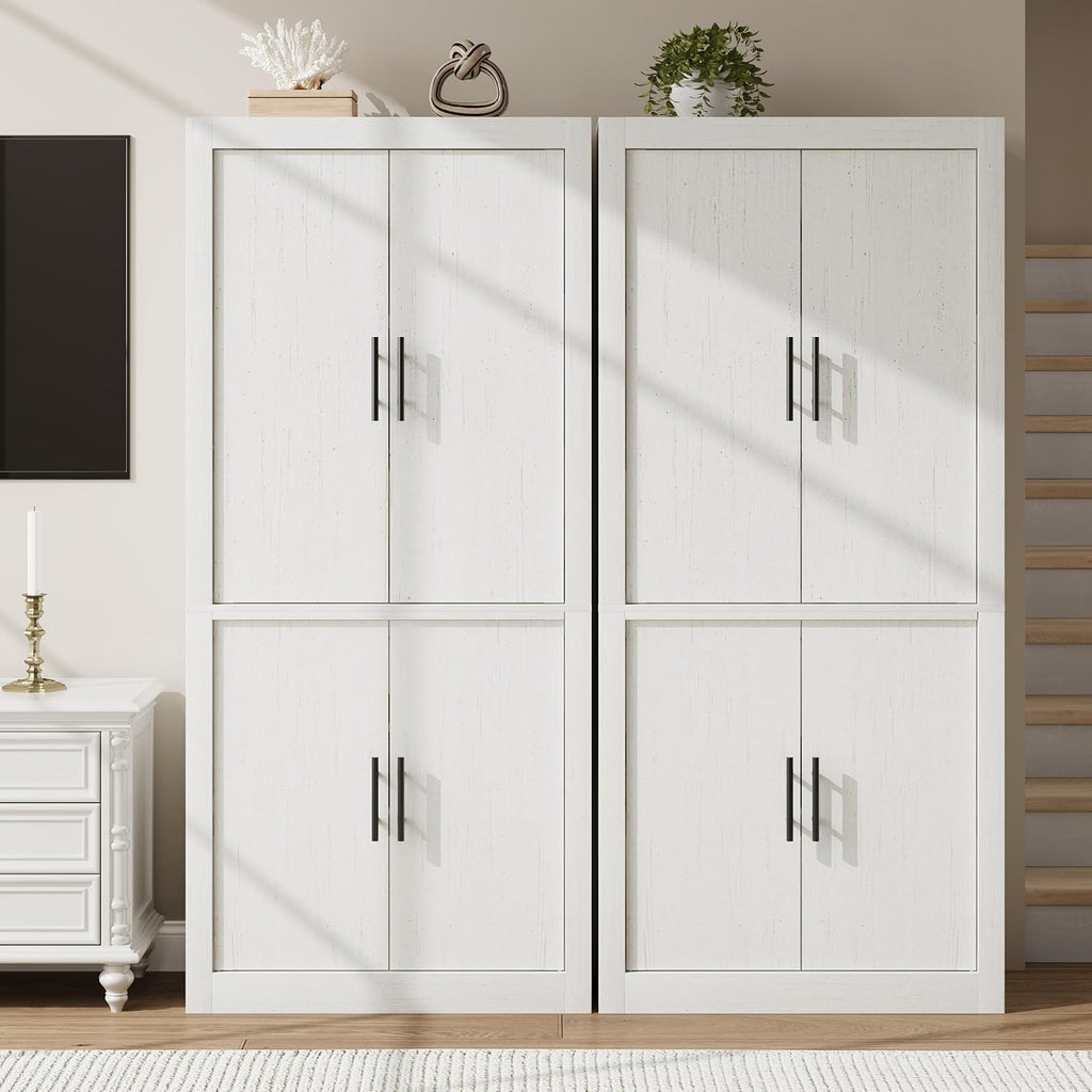 GarveeHome Kitchen Storage Pantry, Pantry Storage Cabinet with 4 Doors & Adjustable Shelves, Freestanding Farmhouse Pantry Cupboard & Magnetic Door for Dining & Living Room, Retro White