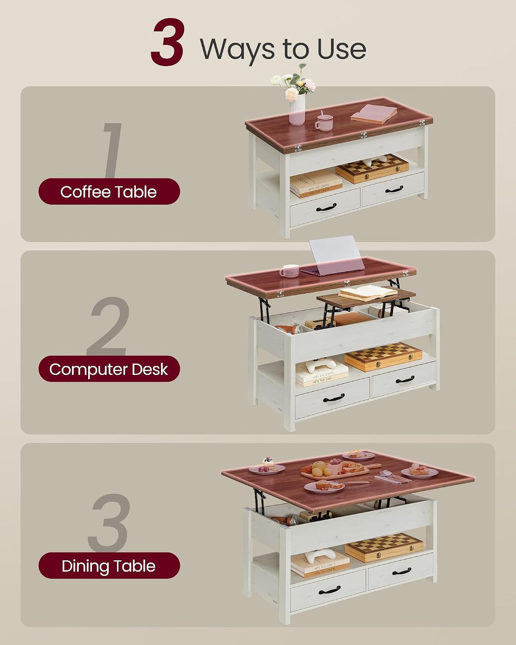 VASAGLE Coffee Table Lift Top, 3 in 1 Center Table with Storage, Gas Spring, 2 Drawers and 3 Hidden Compartments, Open Shelf, for Living Room, Home Office, Honey Brown and Rustic White ULCT254W01