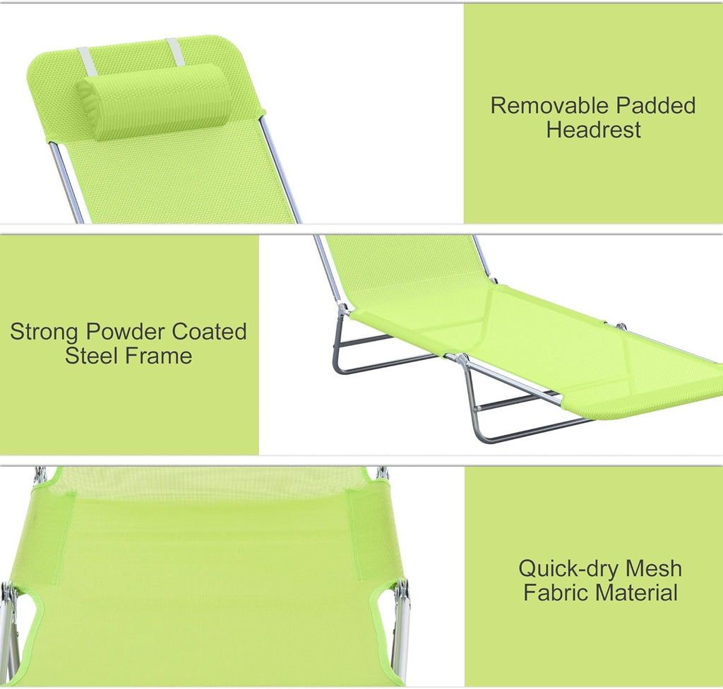 Green 6-Position Folding Chaise Lounge Chair — 265lb Capacity, Powder-Coated Steel FFor rame, Ventilated Mesh Surface, Head Pillow Included