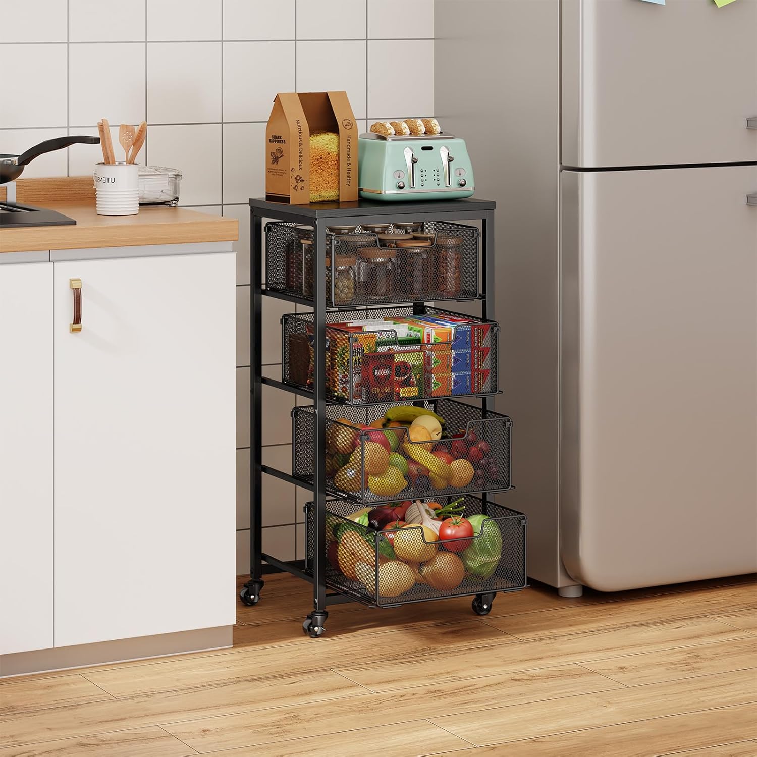 4-Tier Fruit Vegetable Storage Cart - Kitchen Organizer and Storage Cart with Wheels, Wooden Top Metal Wire Fruit Vegetable Rack Stand with Drawers to Storage Cans Snacks for Kitchen(Patent Pending)