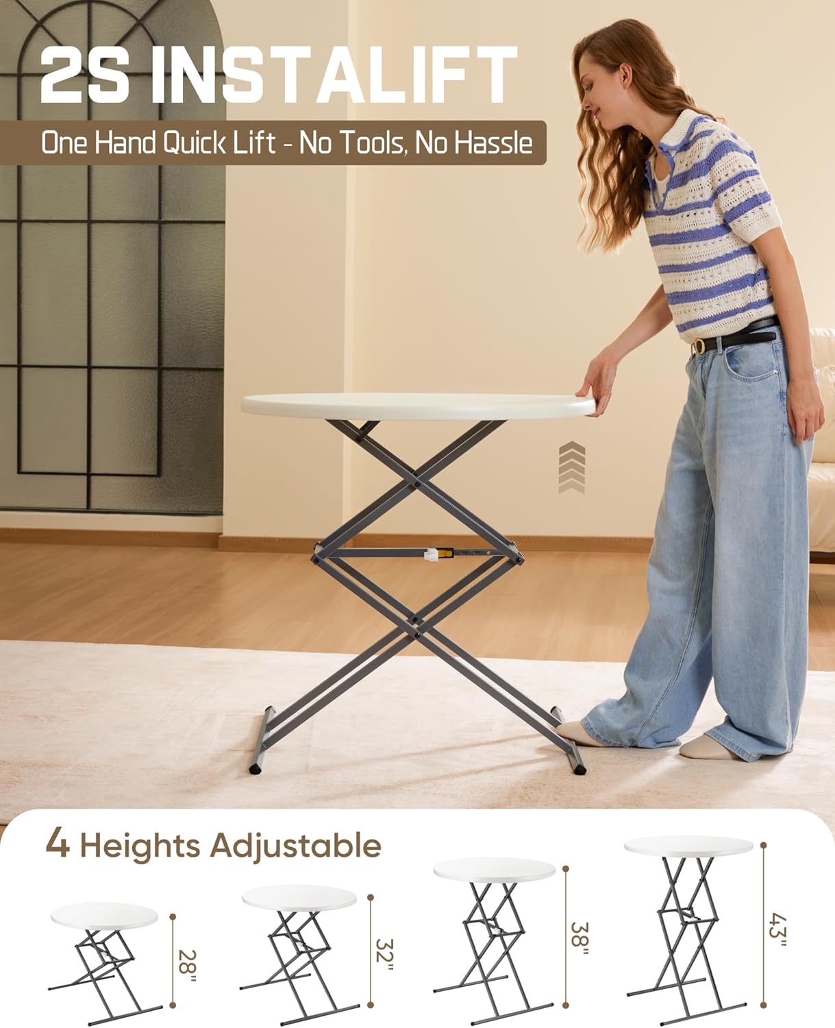 FanttikOutdoor 32" Round Folding Table 4 Heights Adjustable, One-Hand Quick Lift, Instalift, Plastic Portable Indoor Outdoor Table for Parties Commercial Events, 1 Pack, Granite White Zeta O3 Pro