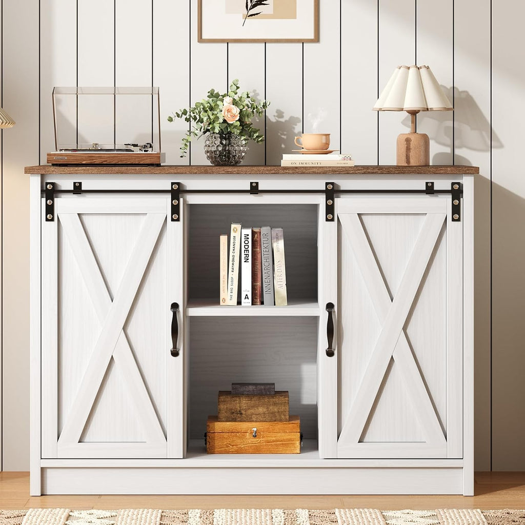 4 EVER WINNER Farmhouse Coffee Bar Cabinet, 42" Buffet Cabinet with Storage and Adjustable Shelf for Small Spaces, Coffee Station Cabinet with Sliding Barn Doors for Kitchen, Dining Room, White
