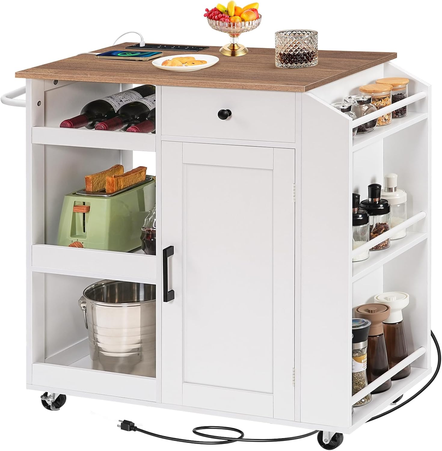 MAHANCRIS Kitchen Island with Power Outlet, Kitchen Storage Island with Drawer, Rolling Kitchen Cart on Wheels, Spice Rack, Towel Rack, Wine Rack, for Dining Room, White and Walnut KIBZ122E01