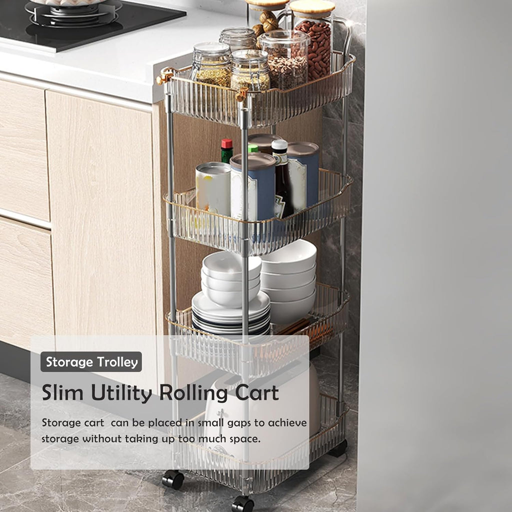 Acrylic Storage Trolley, Bathroom Kitchen Rolling Utility Cart Mobile Organization Shelves with Handle and Lockable Wheel(Gold,3 Tier)