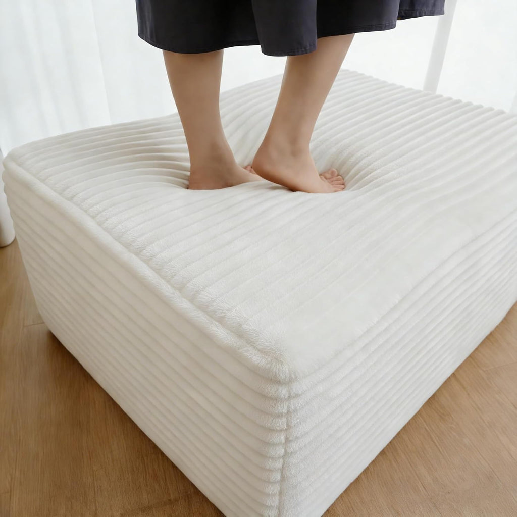 37.4" Plush Corduroy Ottoman, Upholstered Cloud Ottoman for Boneless Couch in a Box, Modular Sectional Couches for Living Room, Compressed Memory Foam, No Assembly Require, White