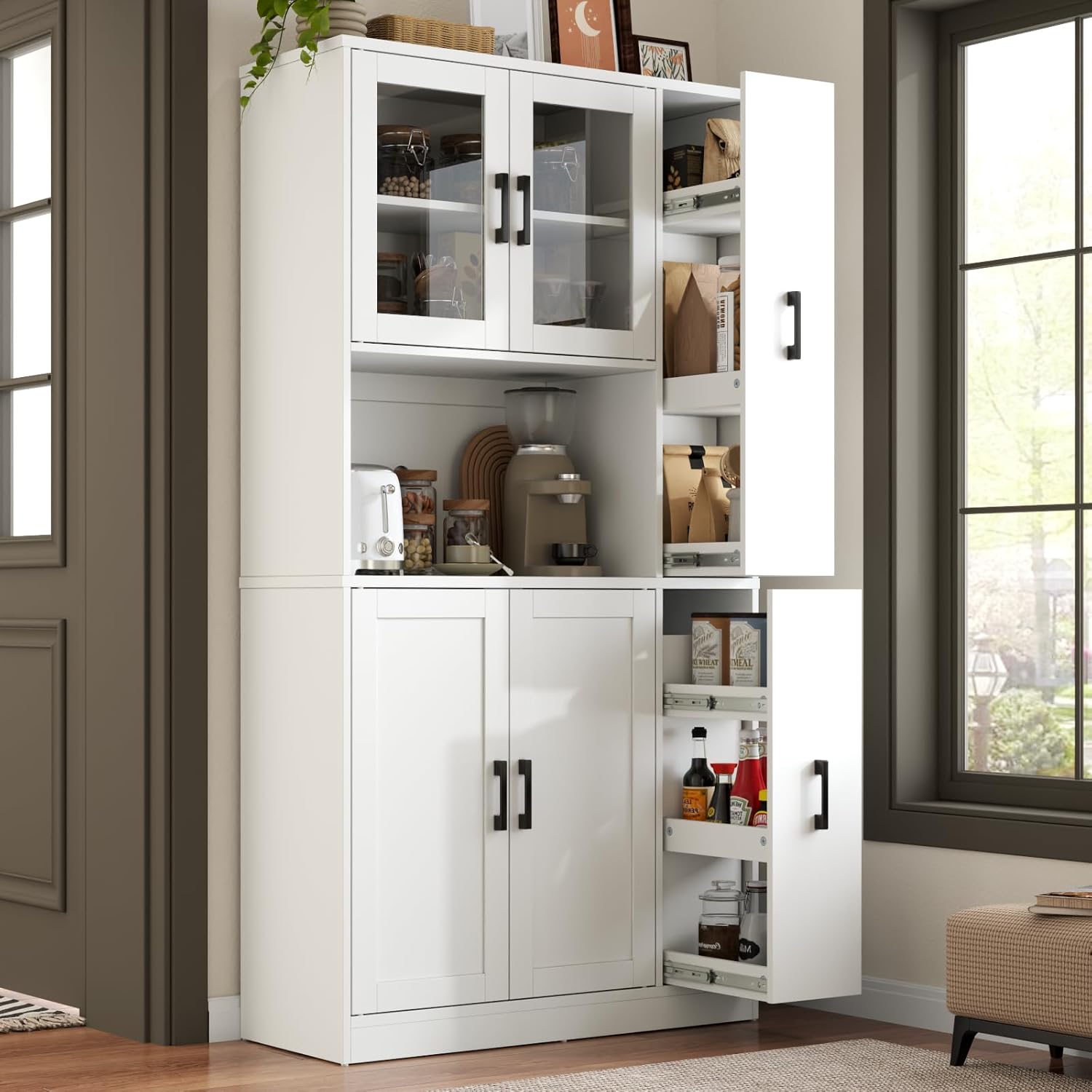 Gyfimoie 68" Tall Kitchen Pantry Cabinet with Side Drawer, Kitchen Pantry Storage Cabinet with Acrylic Door,Freestanding Food Hutch with Microwave Stand for Dining Room (White)