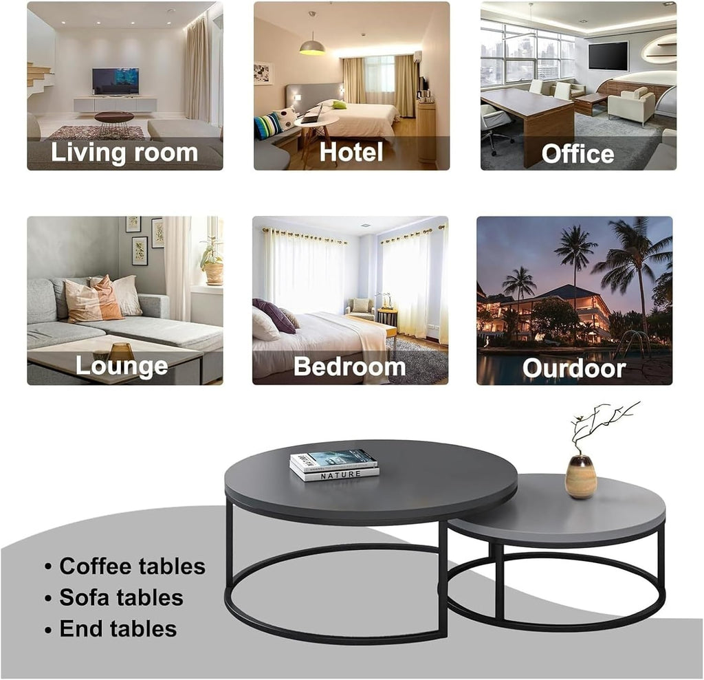 Round Nesting Coffee Table Set of 2, Modern Minimalist Accent Tables for Living Room, Bedroom, Office, Stackable Side Tables(Walnut)
