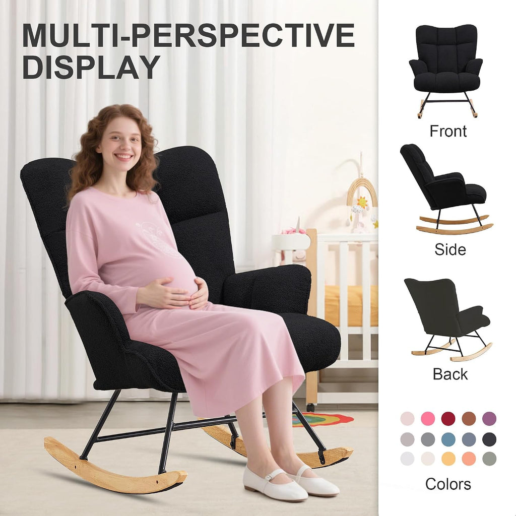 Zedachica Rocking Chair Nursery Teddy Upholstered Glider Rocker Rocking Accent Chair Padded Seat with High Backrest Armchair Comfy Side Chair for Living Room Bedroom Offices (Black Teddy)