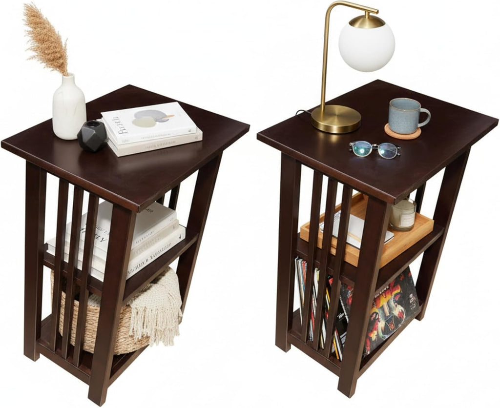 Alaterre Furniture Mission 3-Tier End Table with Vertical Slat Side Panels – Set of 2 Craftsman Style Wood Side Table with Open Storage for Living Room, Bedroom, or Cozy Reading Nook (Espresso)