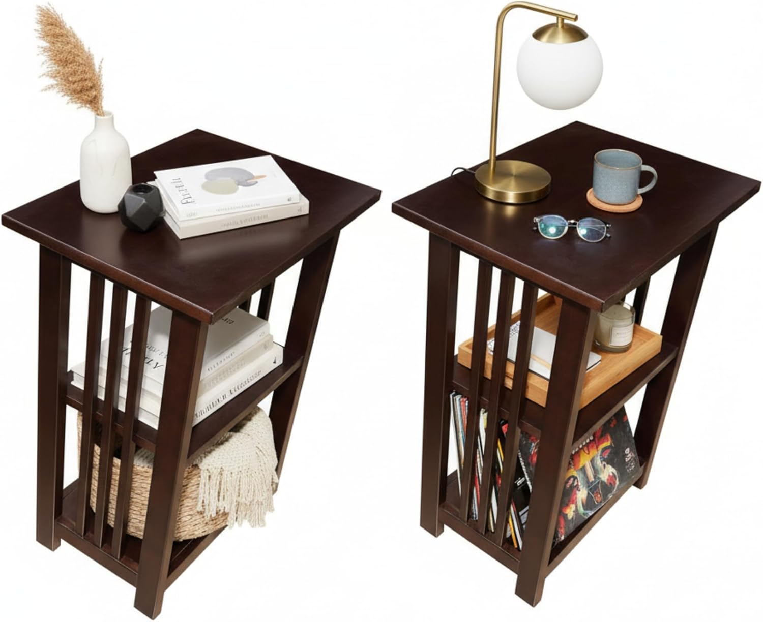 Alaterre Furniture Mission 3-Tier End Table with Vertical Slat Side Panels – Set of 2 Craftsman Style Wood Side Table with Open Storage for Living Room, Bedroom, or Cozy Reading Nook (Espresso)