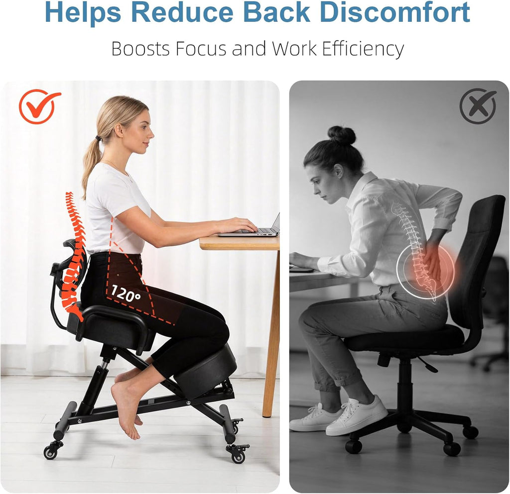 Ergonomic Kneeling Chair with Back Support, Height Adjustable Stool for Home and Office, PU Kneeling Chair for Desk to Relieve Back Discomfort, Thick Moulded Foam Cushions Brake Casters(With backrest)