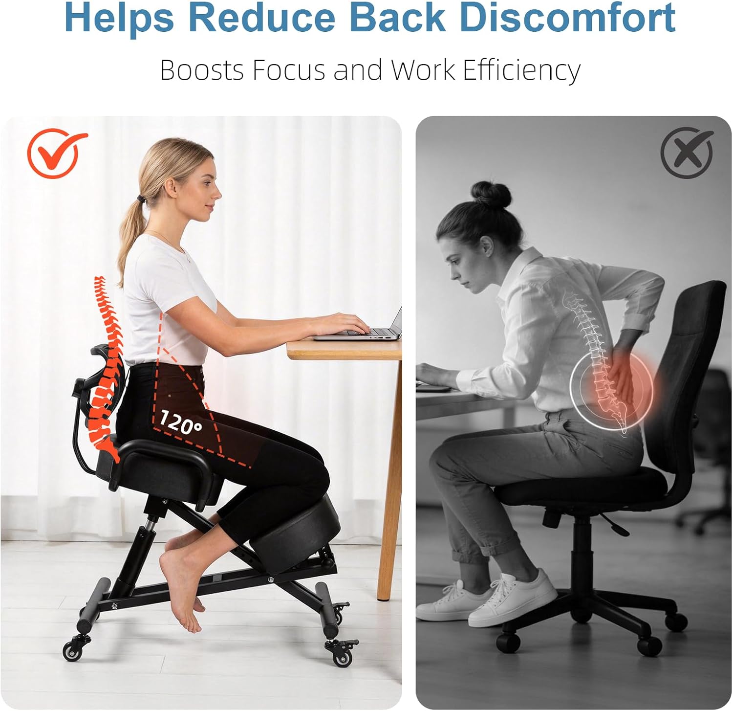 Ergonomic Kneeling Chair with Back Support, Height Adjustable Stool for Home and Office, PU Kneeling Chair for Desk to Relieve Back Discomfort, Thick Moulded Foam Cushions Brake Casters(With backrest)
