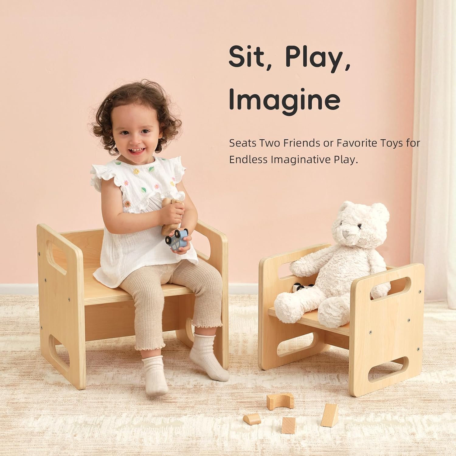 OOOK Montessori Weaning Table and Chair Set, Kids Activity Table and Chair Set with Fence for Read, Play Toys, Snack Time, Step Stool, 1-3 Year Old Kids Montessori Furniture