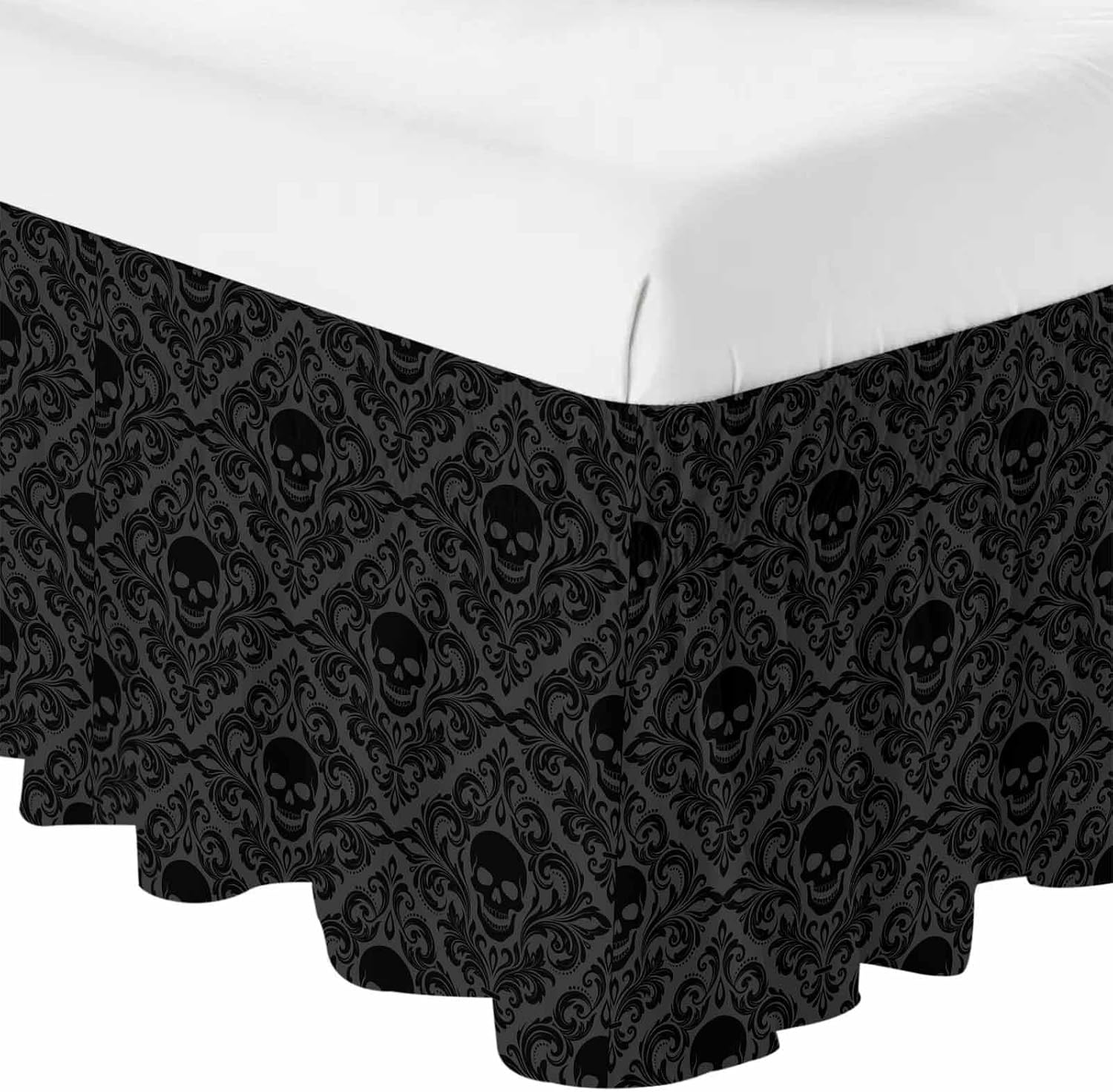 Black Skeleton Bed Skirt Queen Size 16 Inch Drop, Adjustable Elastic Bedskirt Dust Ruffle for Queen Bed, Light Blue Horror Skull Vintage Chic Art Wrap Around Bed Skirts Pleated Bed Frame Cover