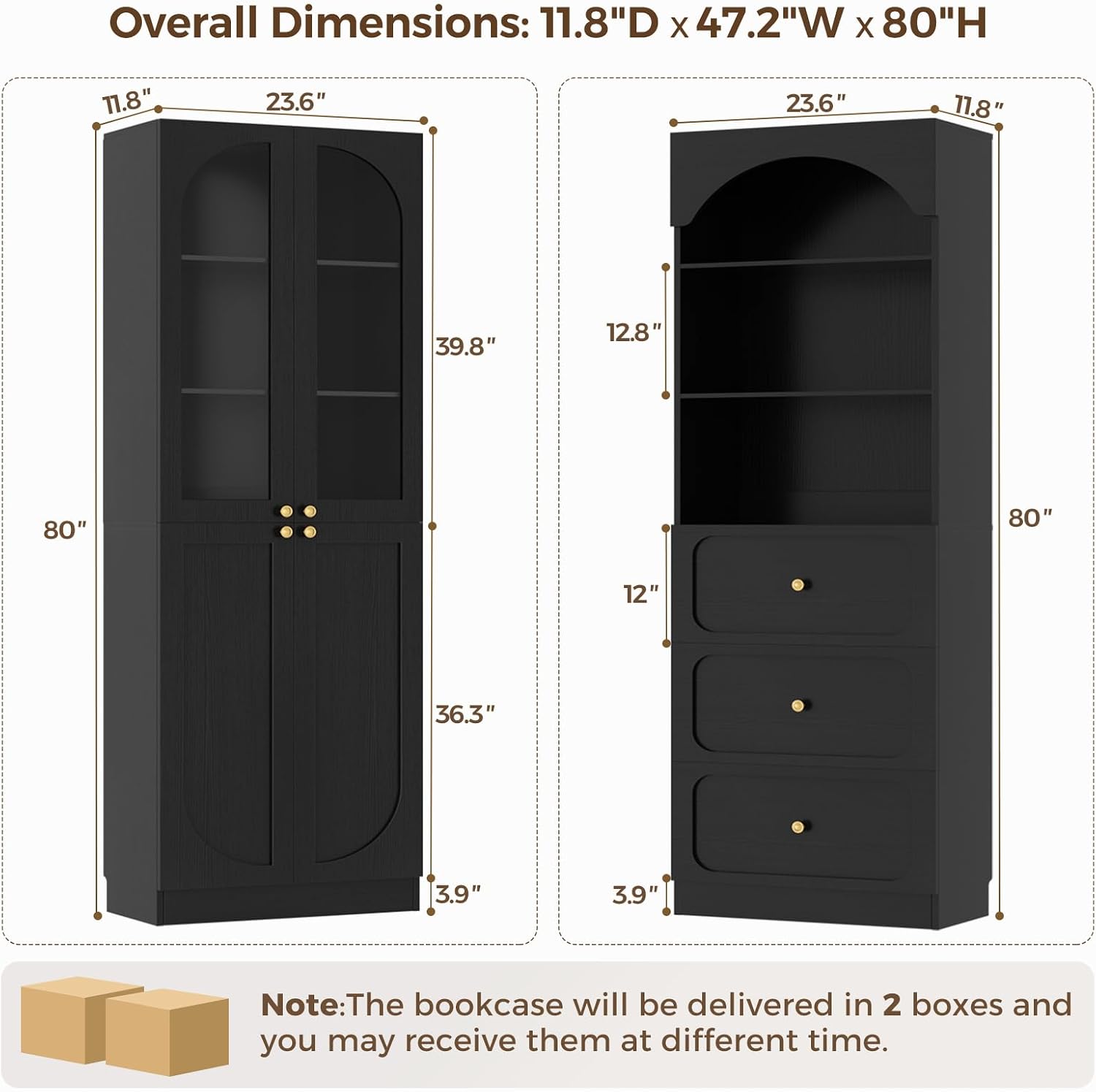 Cyclysio 80" Tall Pantry Cabinet with 3 Drawers, Arched Kitchen Storage Cabinets with 3-Tier Open Shelves and Glass Doors, Wood Floor Cupboard with Seamless Fit Wall for Living Room, Kitchen