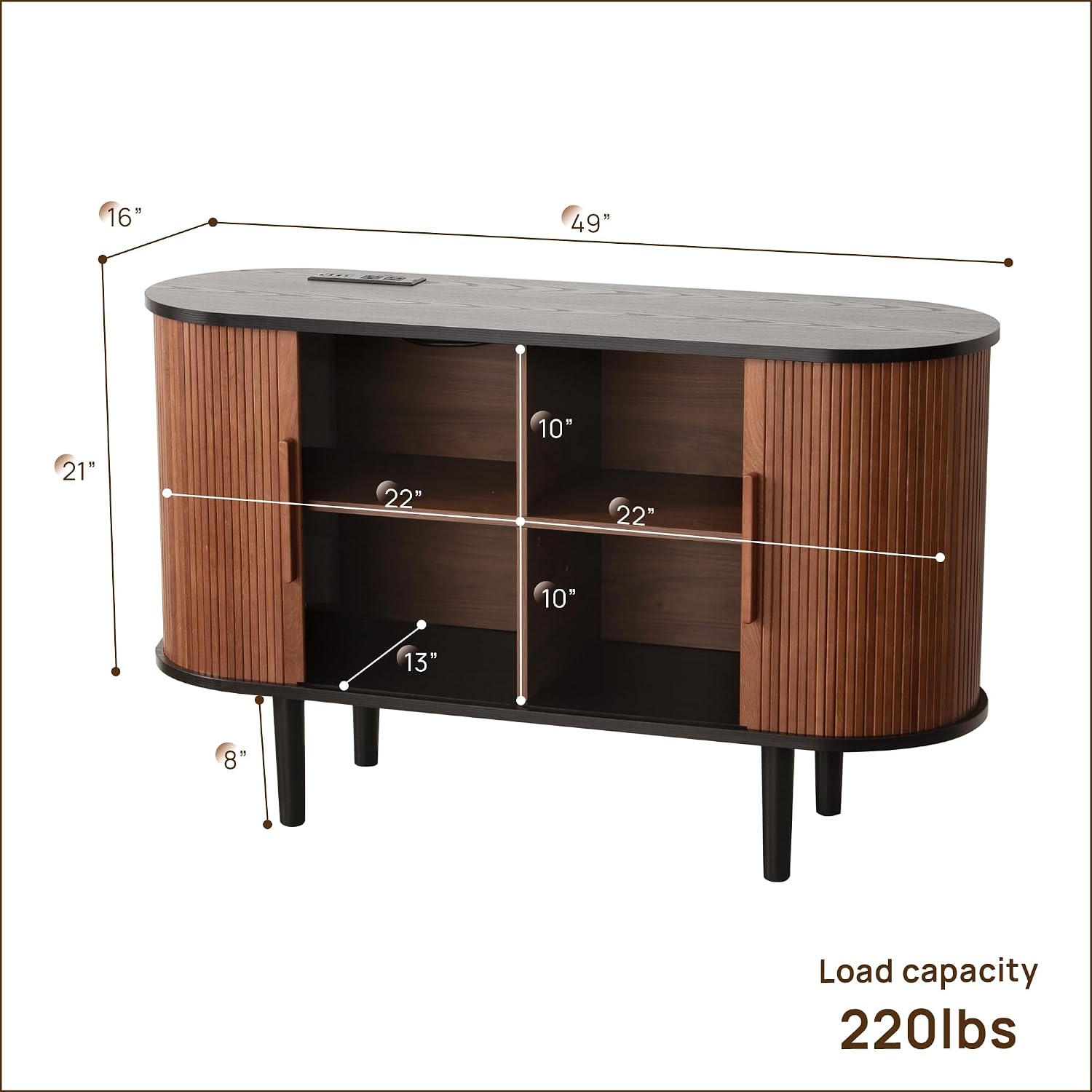 47" Modern Buffet Cabinet with Charging Station, Mid-Century Fluted Sideboard Table, Rounded Console with Storage & USB/Type-C Ports for Dining Room Kitchen Coffee Bar, Walnut