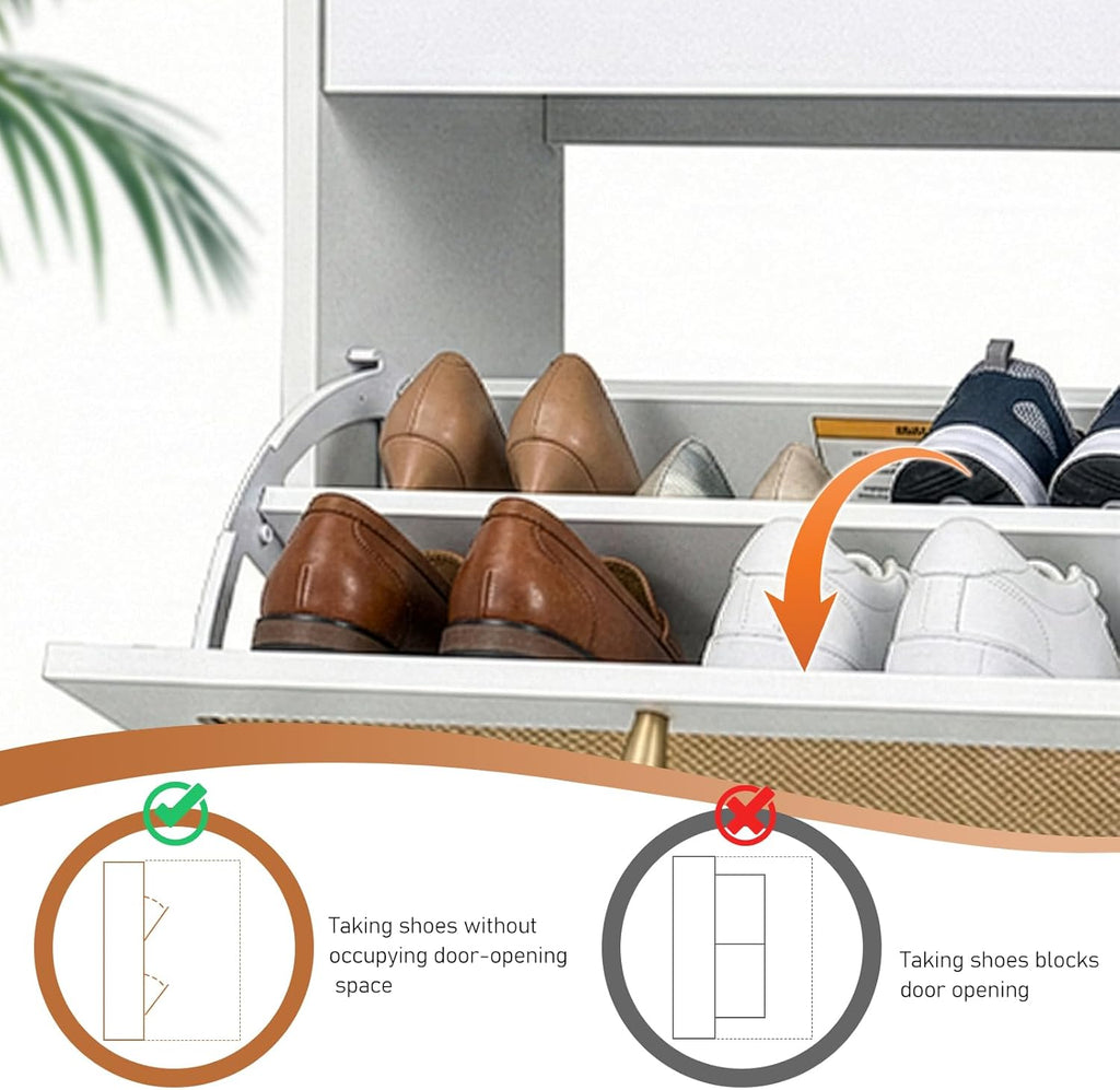 Karl home Shoe Rack Storage Organizer, Rattan-Panel 3-Tilt-Out Shoe Storage Cabinet, Hidden Shoe Storage for Entryway,Ideal for Heels,Slippers,Casual Shoes, White