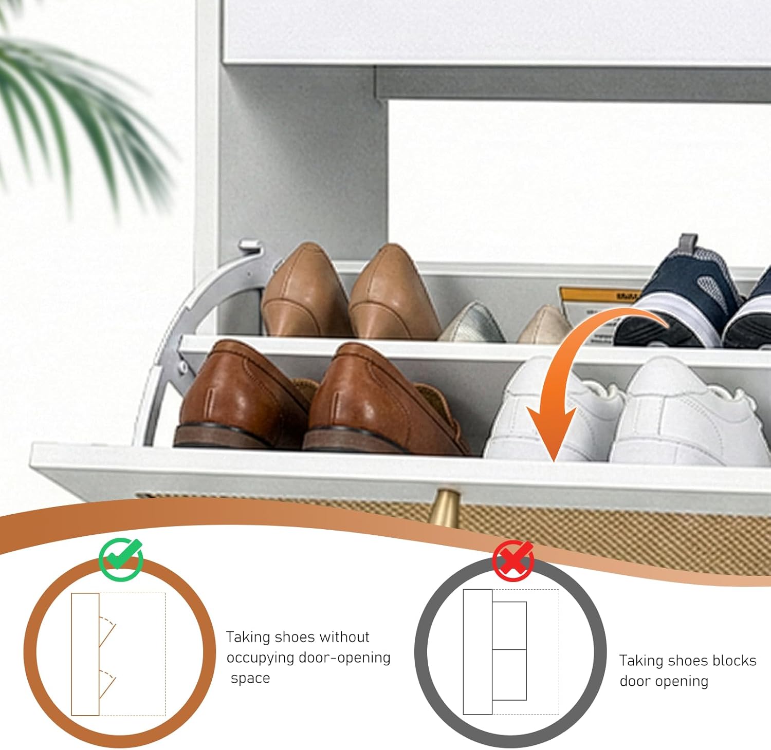Karl home Shoe Rack Storage Organizer, Rattan-Panel 3-Tilt-Out Shoe Storage Cabinet, Hidden Shoe Storage for Entryway,Ideal for Heels,Slippers,Casual Shoes, White