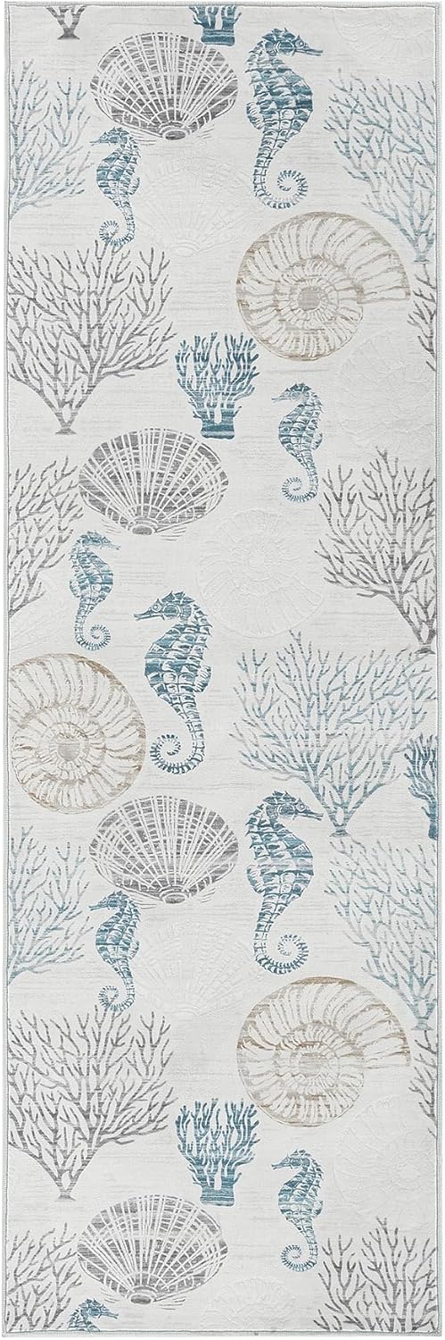 Tribesigns Boho Coastal 2x6 Washable Hallway Runner Rug Non Slip, Soft Ocean Beach Entryway Kitchen Runner Rugs Non Skid, Indoor Printed Carpet for Laundry Bathroom Decor, Light Grey/Blue