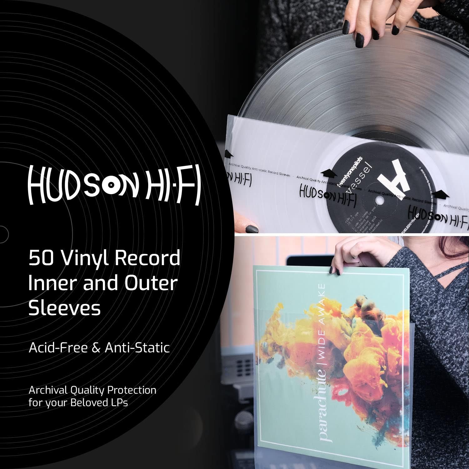 Hudson Hi-Fi 50x Inner & 50x Outer Protective Sleeves for Vinyl & Records Cover Art - Blocks Scratches, Static, Dust, Damage - Acid-Free, Smooth Slide - Fits Single Double Gatefold LP Sleeve